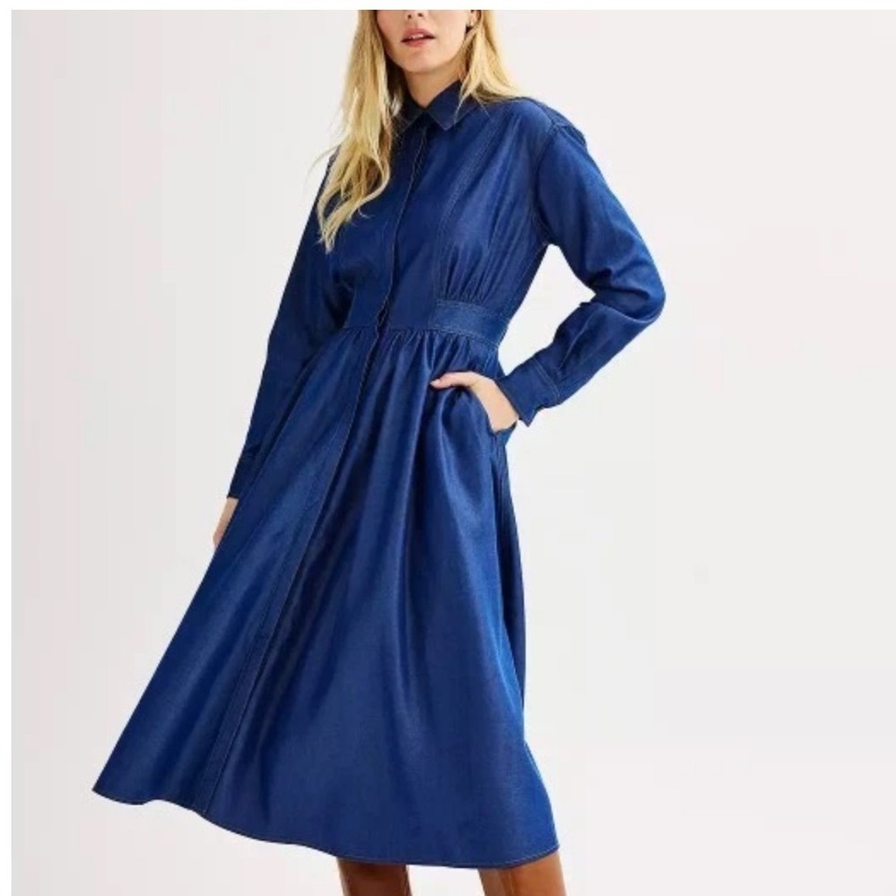 Nine West Chambray Shirt Dress Women Large Blue Lyocell Long Sleeve Midi